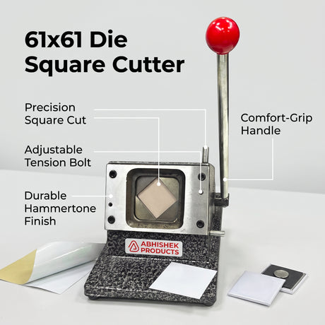 61mm Imported Square Die Cutter, heavy-duty metal with red handle, for fridge magnets & badges.