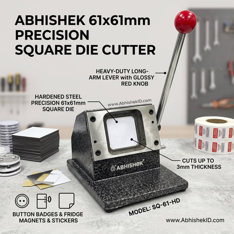 61mm Imported Square Die Cutter, heavy-duty steel with red knob, for fridge magnets, badges, and stickers.