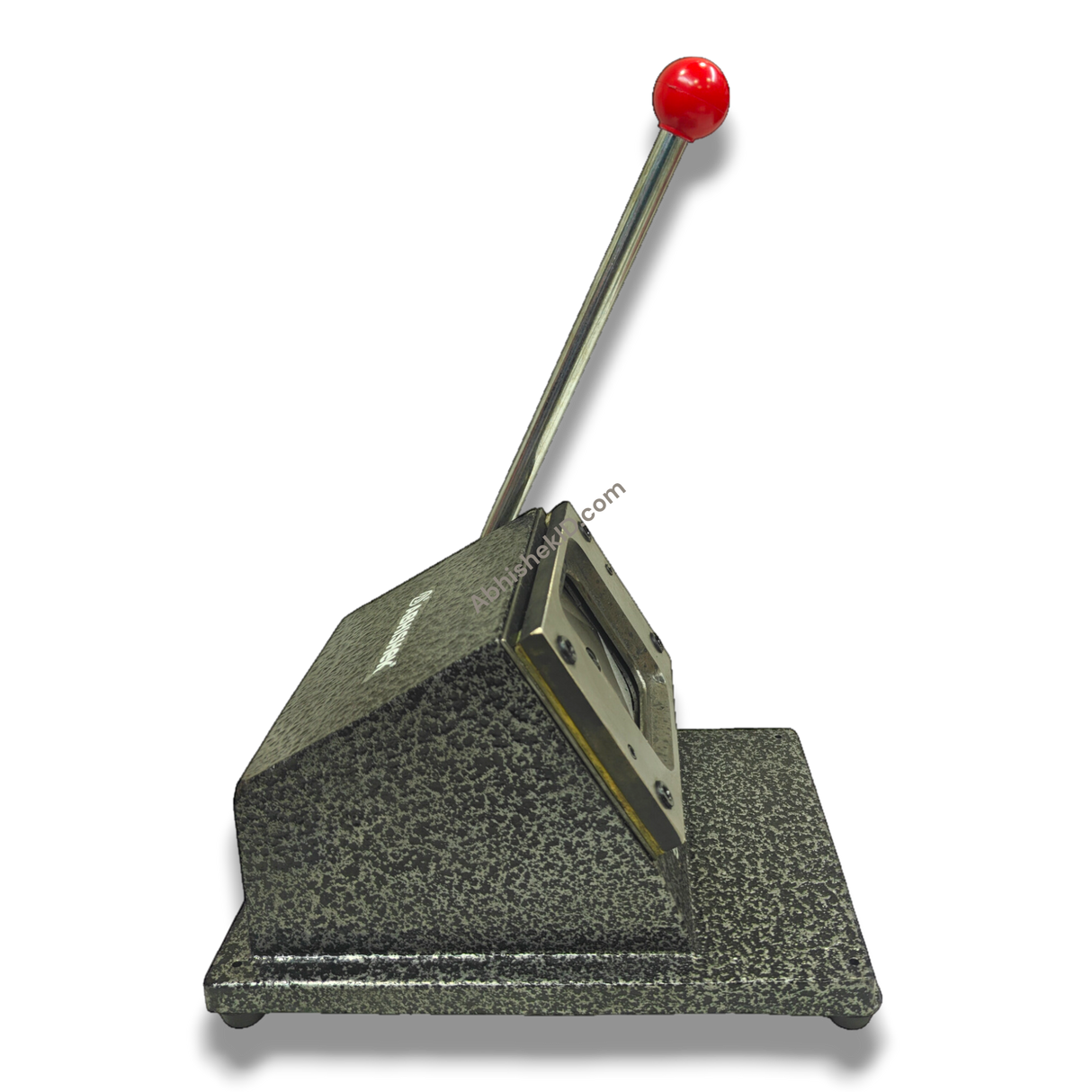61mm Imported Square Die Cutter, heavy-duty metal in speckled gray with a red handle, for fridge magnets & badges.