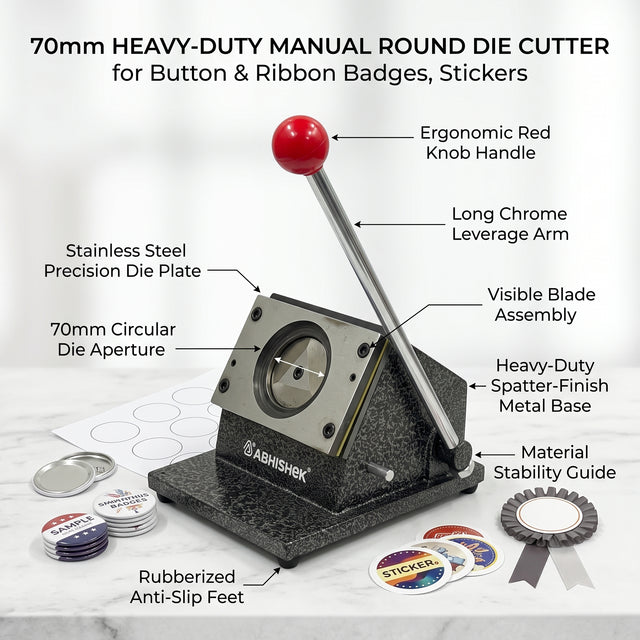 70mm round heavy duty badge cutter front view with cast iron base