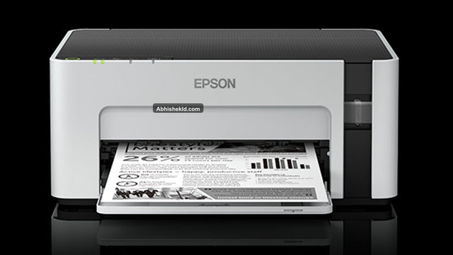 Front compact view of Epson EcoTank M1120 monochrome ink tank printer on office desk