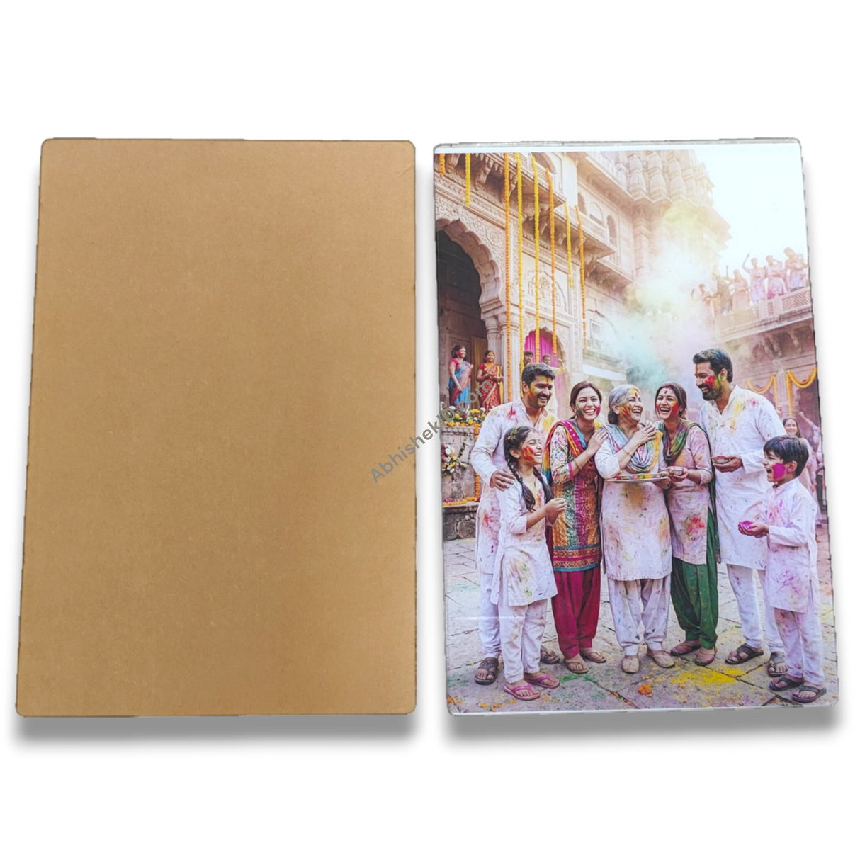 Clear Acrylic A4 Stand. Portrait. Sparkle gumming, Hanging holes, Wall display. With Holi Festival lamination.