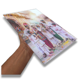 A4 clear acrylic stand with sparkle gumming, wall mount holes. Laminated print showing happy family. Portrait orientation.