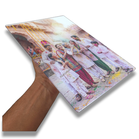 A4 clear acrylic stand with sparkle gumming, wall mount holes. Laminated print showing happy family. Portrait orientation.
