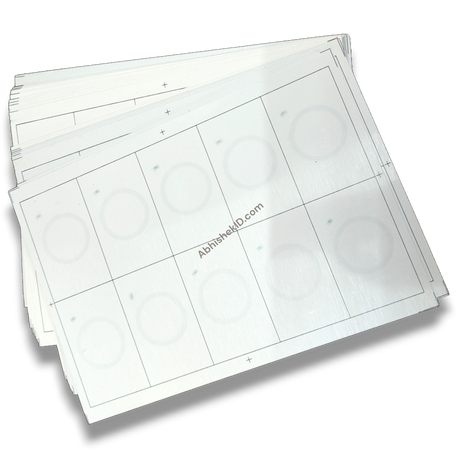 Close-up of embedded 125 kHz round RFID chips in A4 PVC prelam inlay sheet