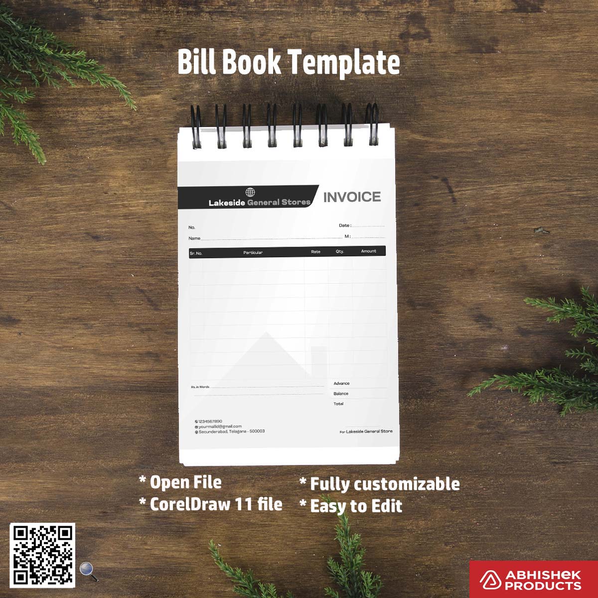 Simple editable bill book layout for studios For General Stores