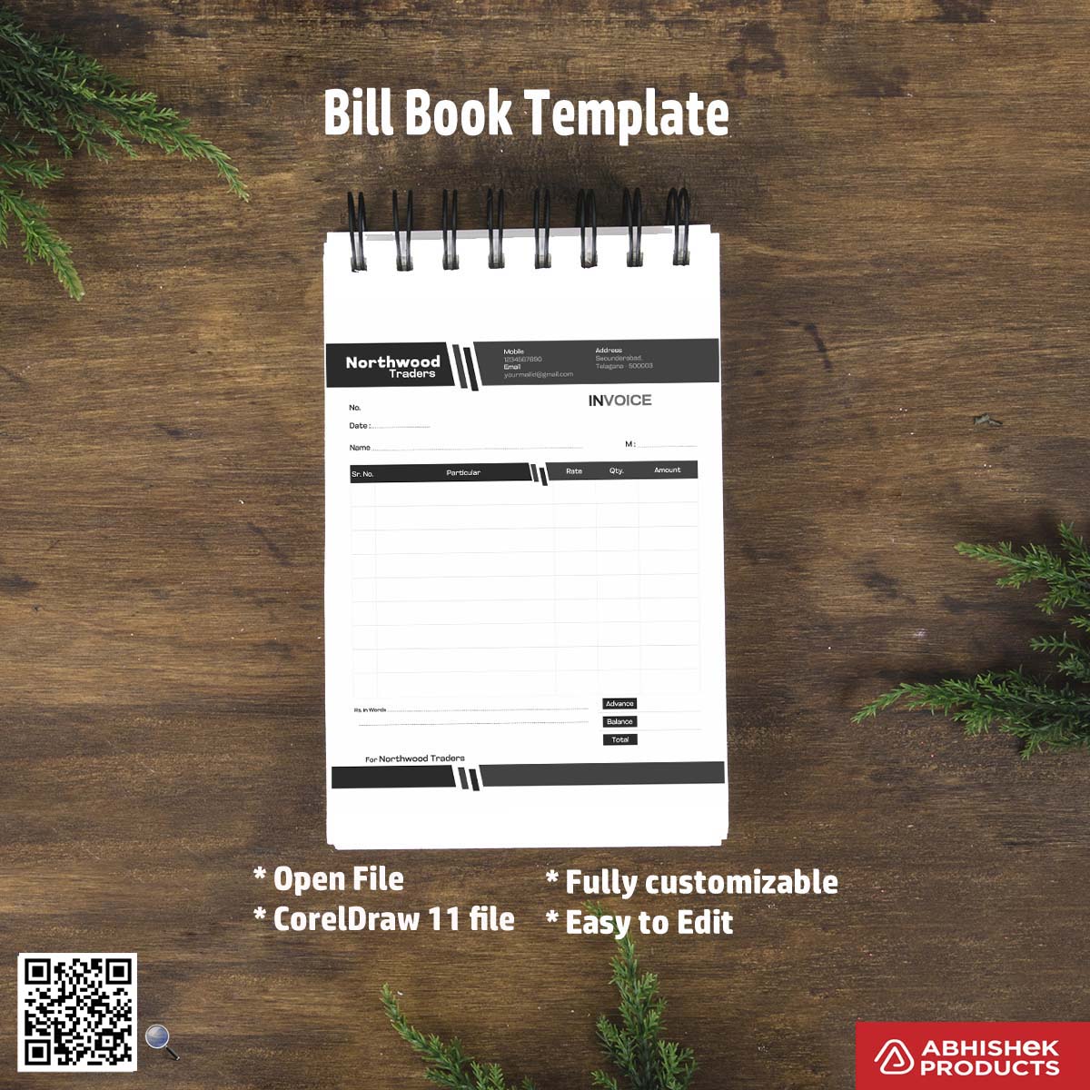 Simple editable bill book layout for studios For Traders