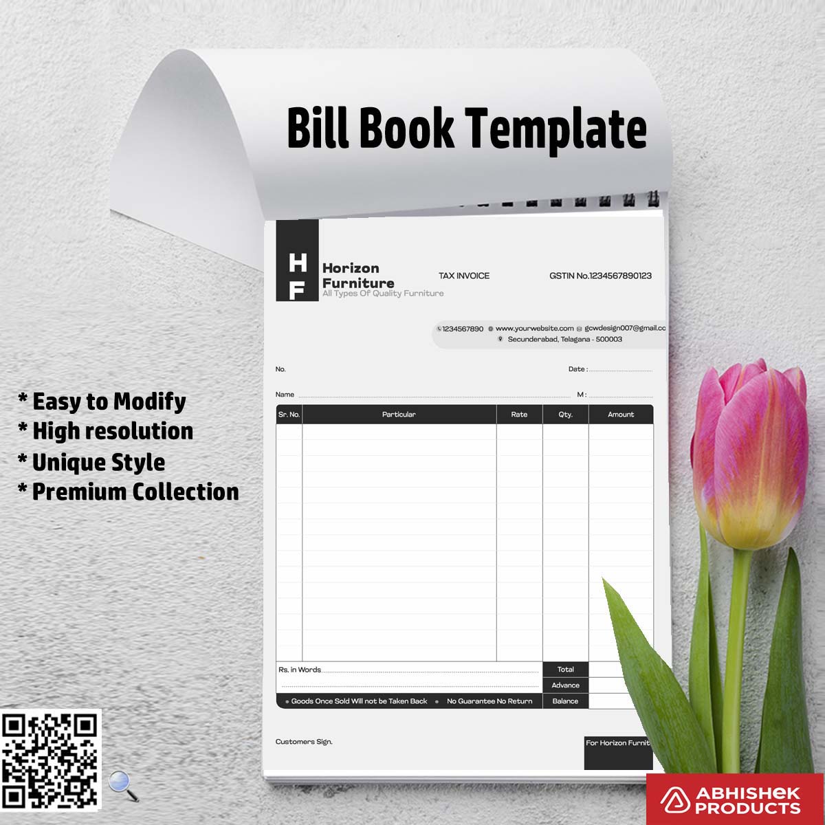 Structured layout for bill book design For Furniture