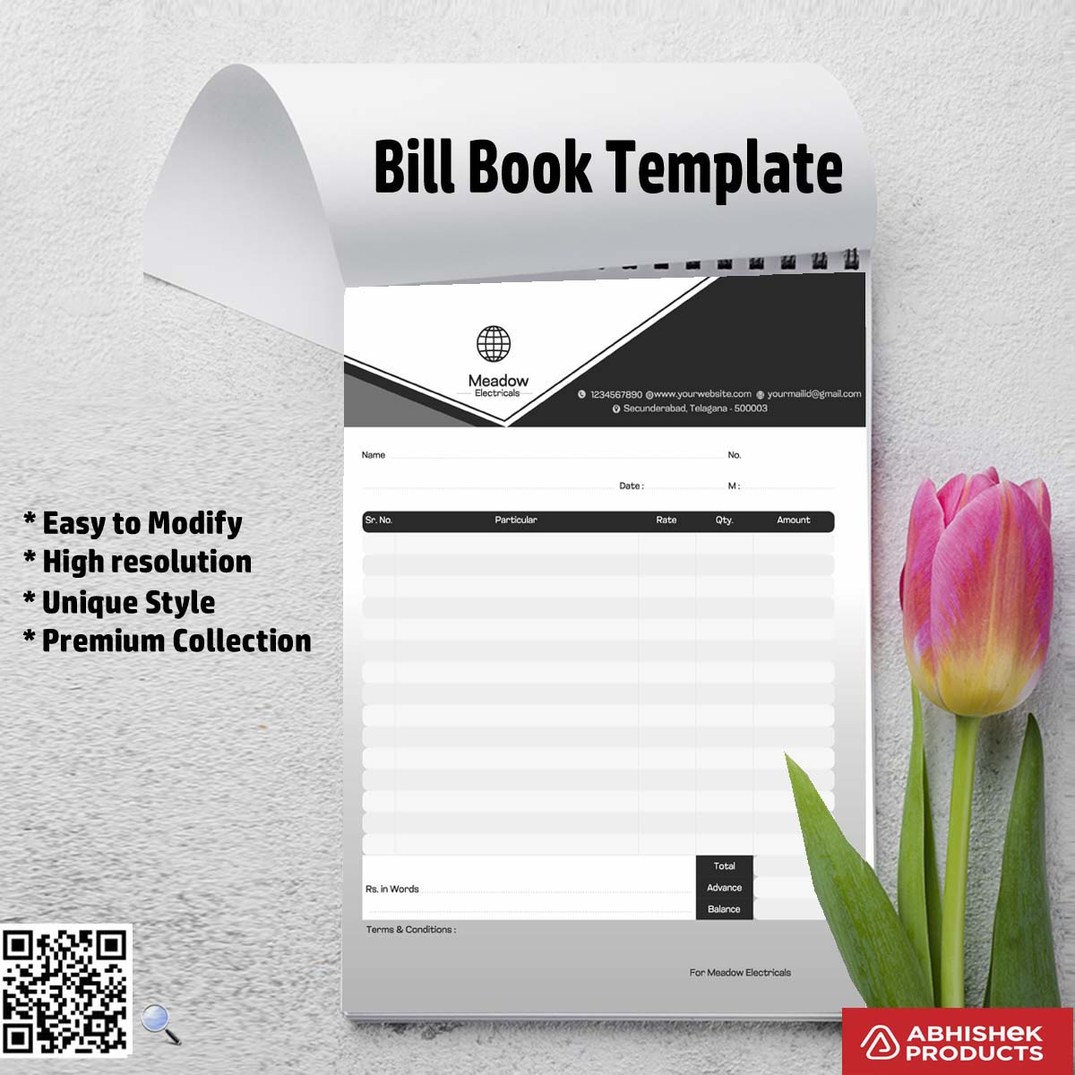 Minimal customizable bill book layout template For Electricals