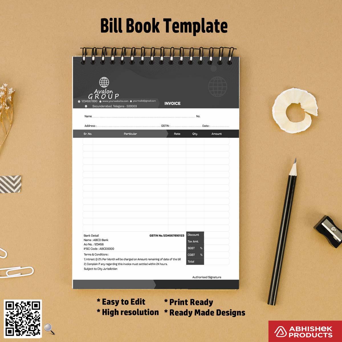 Clean structured bill book template for digital printers For company