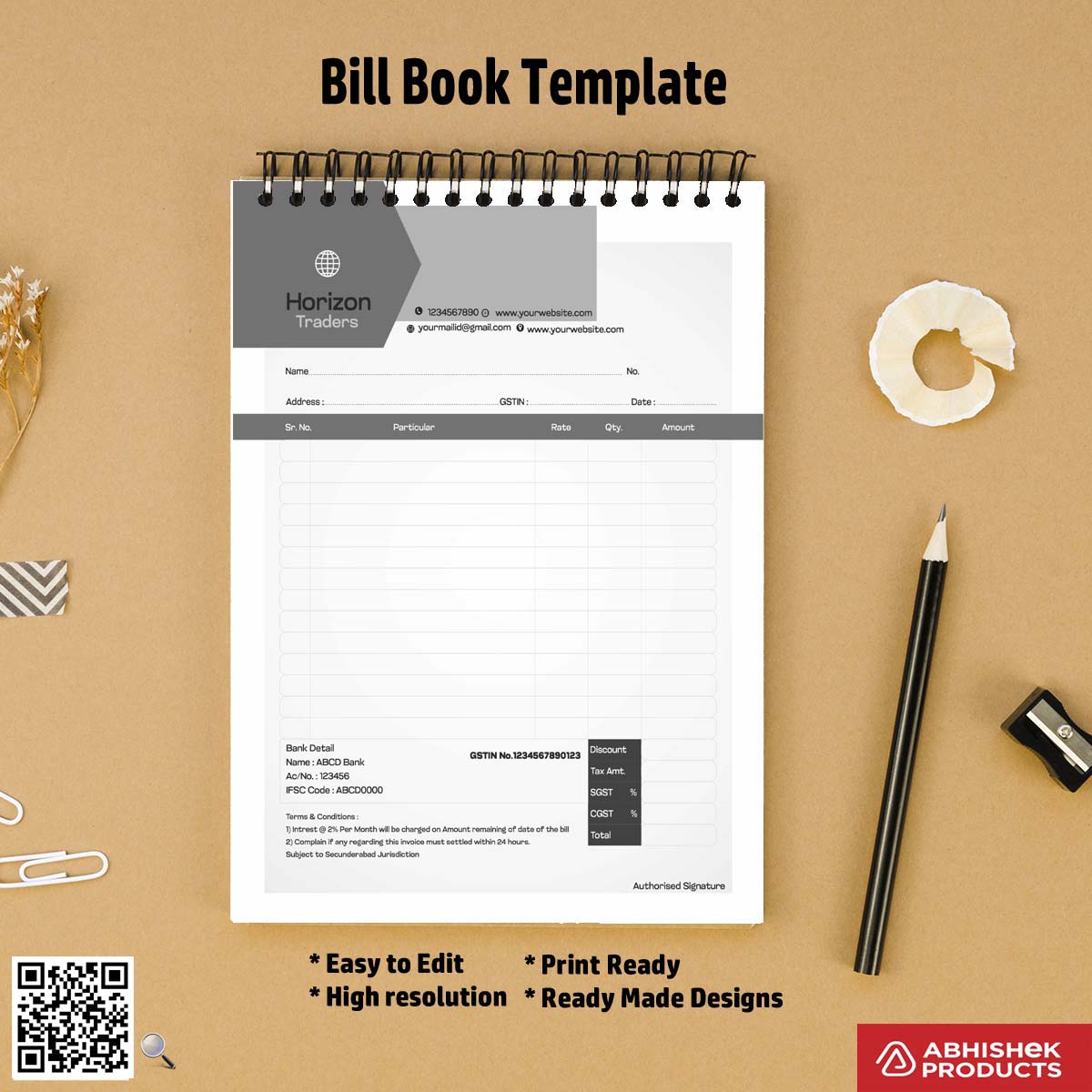 Minimal professional bill book layout for printers For Traders