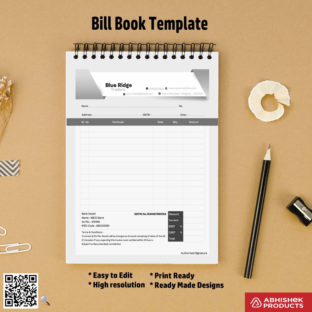 Simple structured bill book layout for printing For Traders