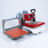 15x15 Automatic Double Bed Sublimation Heat Press, Dual Station Garment Press, red and gray metal, pressing a white t-shirt
