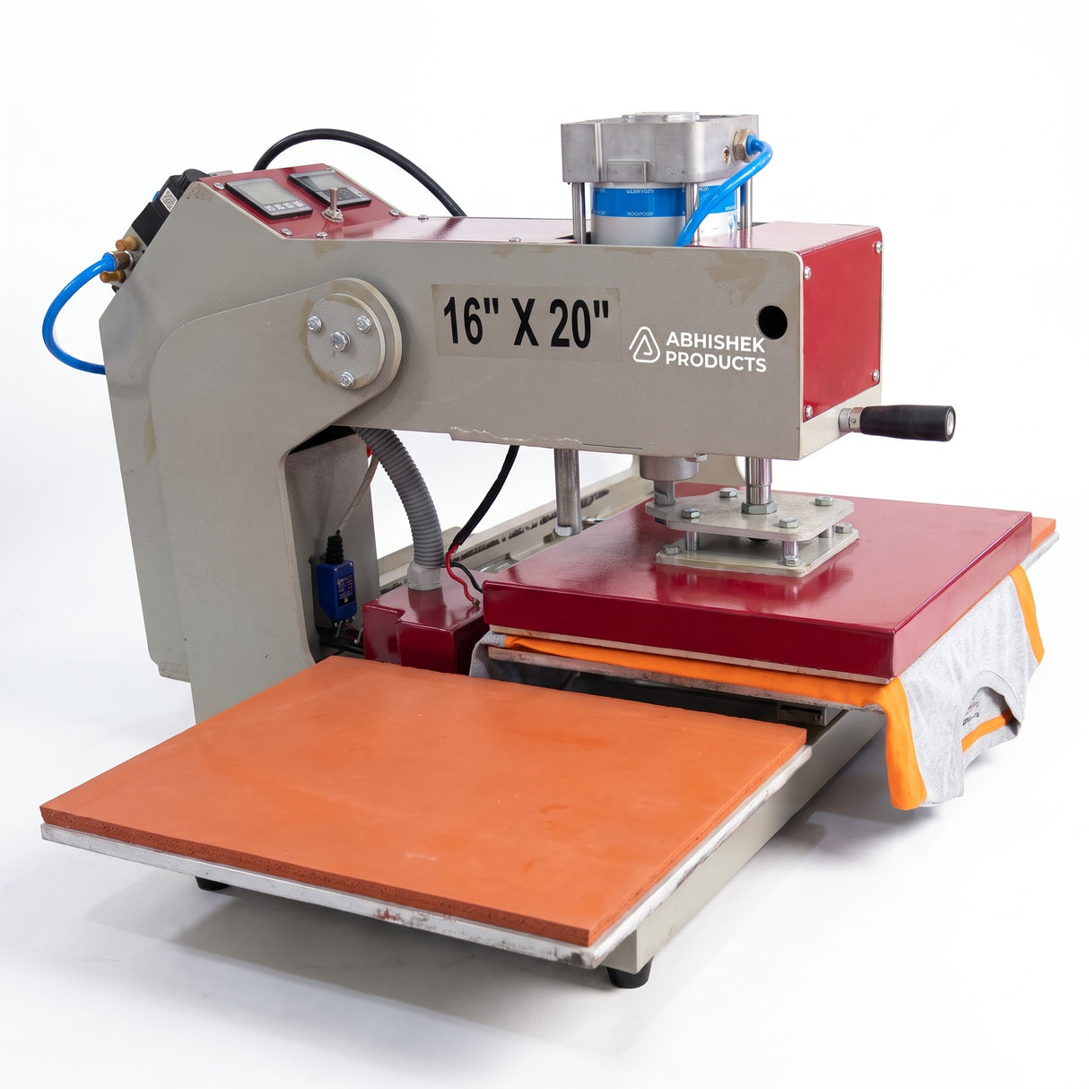 16x20 Automatic Double Bed Sublimation Heat Press, gray and red metal, with a t-shirt being pressed.