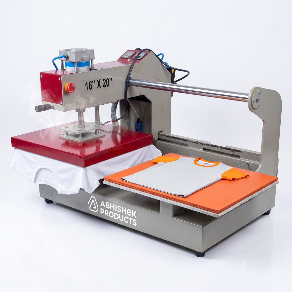 16x20 Automatic Double Bed Sublimation Heat Press, gray and red metal, pressing a white t-shirt, another shirt on orange mat