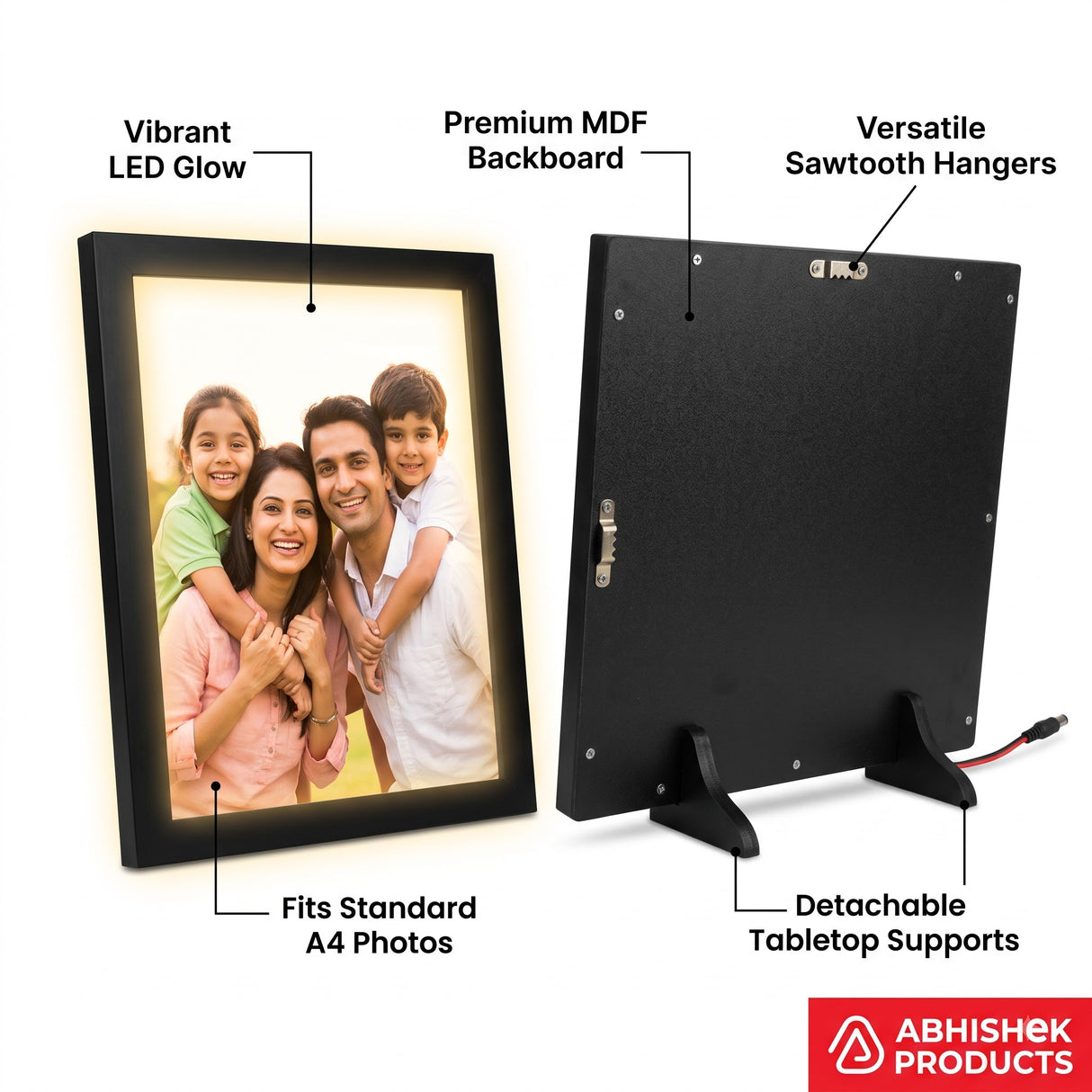 A4 LED Light Frame, black premium MDF, tabletop or wall hanging, displaying a family portrait.