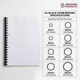 A4 Plastic Comb Binding Rings (Spico) in black, shown binding a document, with size specifications.