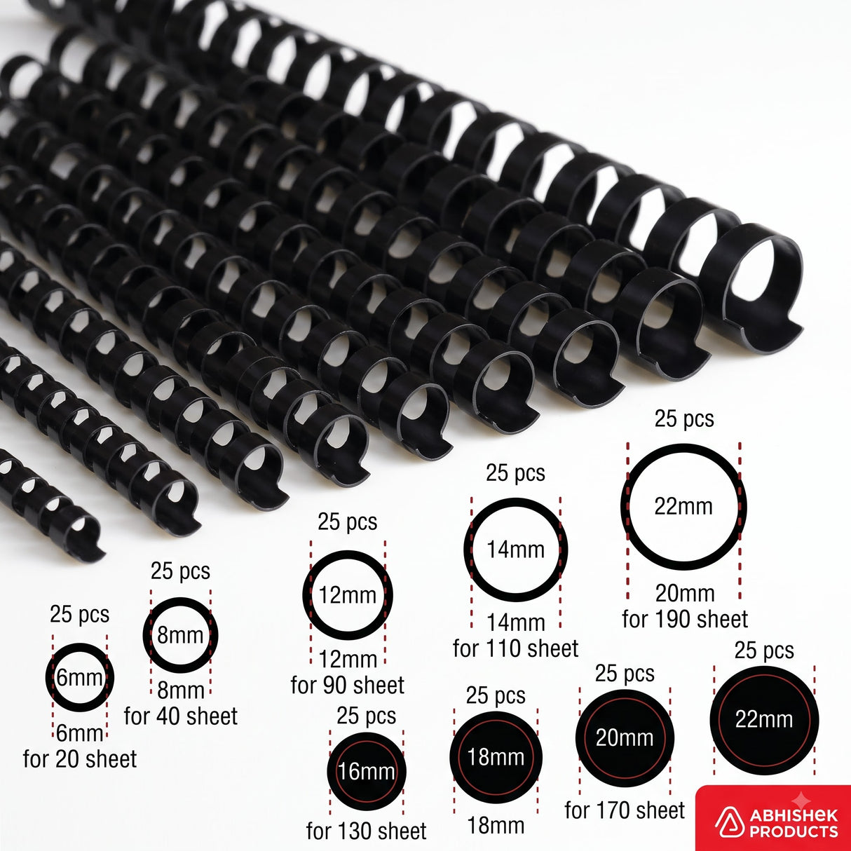 Black plastic comb binding rings, A4 pack of 100, various sizes for 20-190 sheets, for document binding.