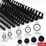 Black plastic comb binding rings, A4 pack of 100, various sizes for 20-190 sheets, for document binding.