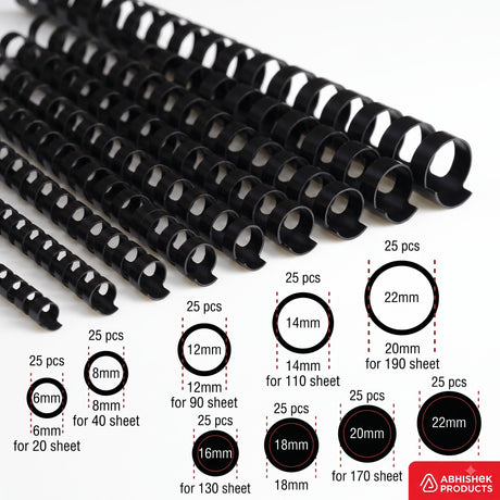 Black plastic comb binding rings, A4 pack of 100, various sizes for 20-190 sheets, for document binding.