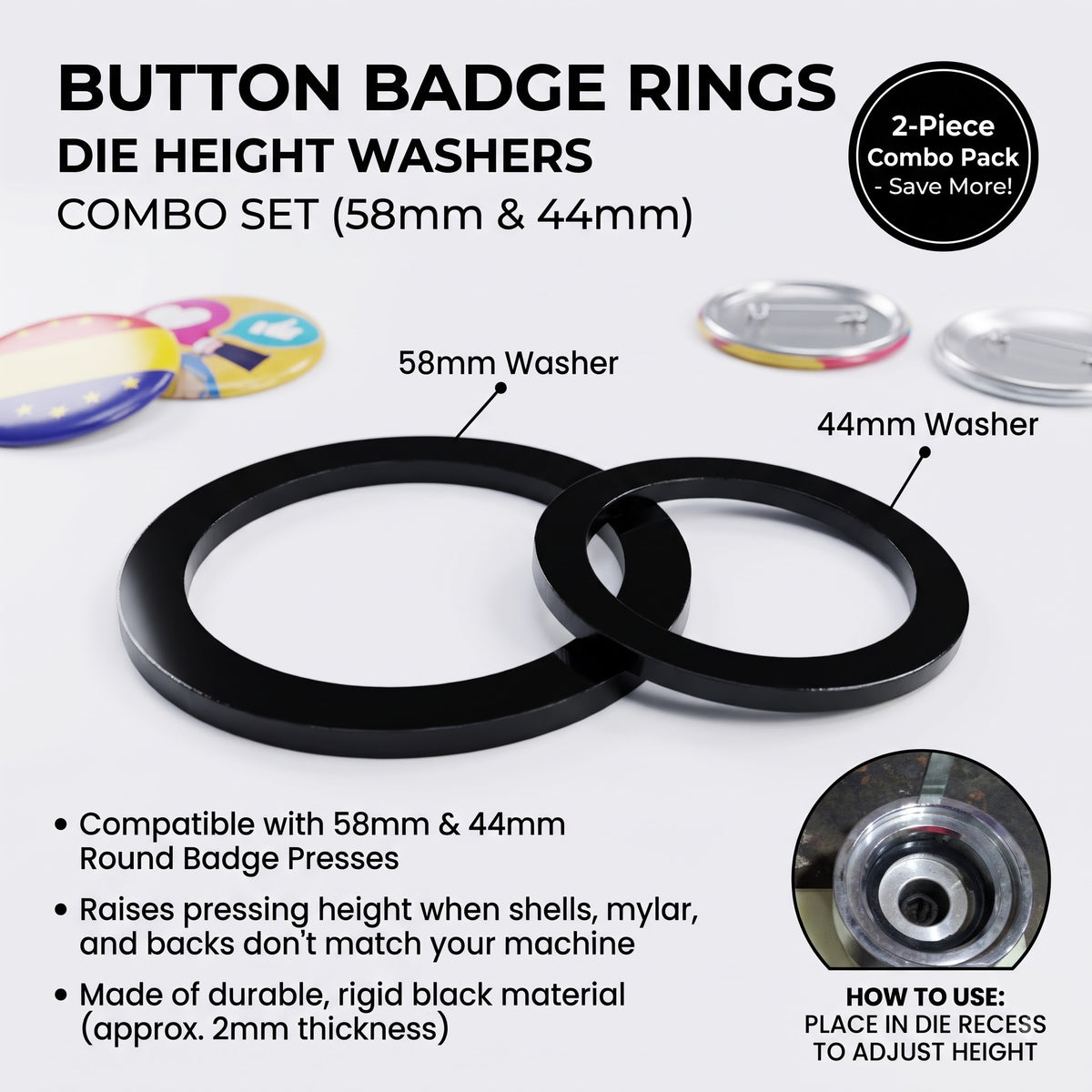 Button Badge Rings 58mm 44mm die height washer spacer. Two black rings for badge press dies, adjusting height.
