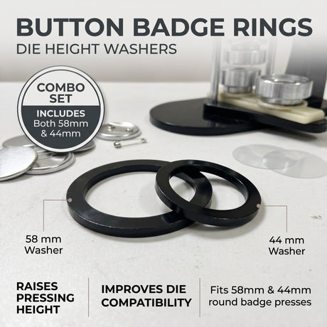 Button Badge Rings 58mm 44mm die height washer spacer. Black metal rings for badge press dies, raises pressing height.