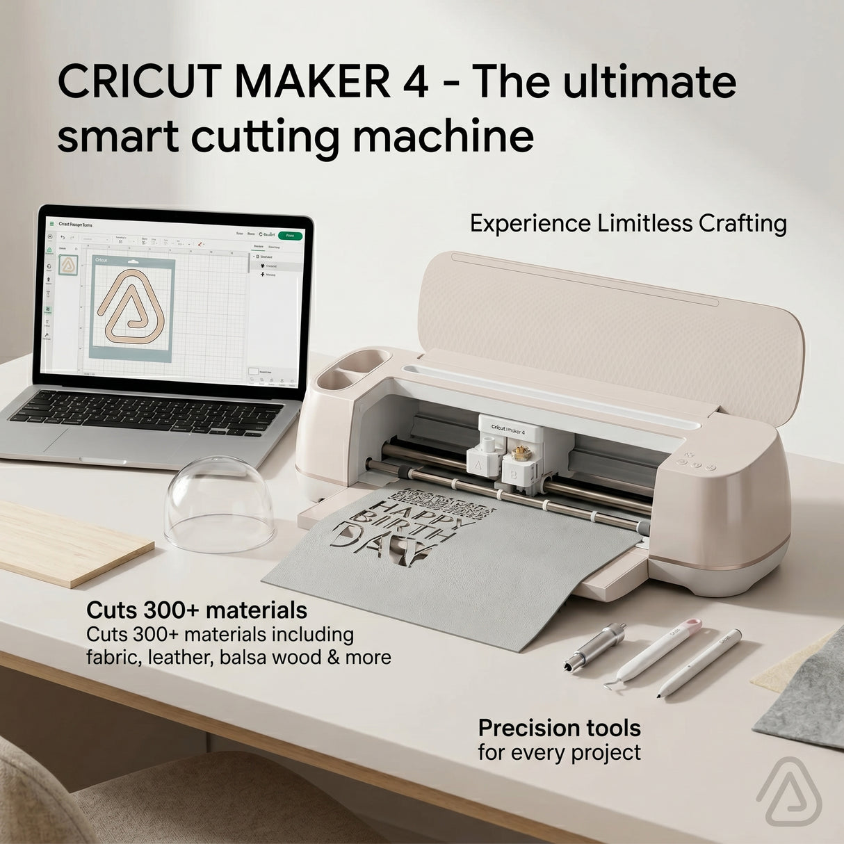 Cricut Maker 4 smart cutting machine front view in seashell white for 300 plus materials