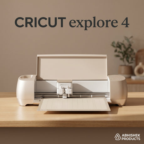 Beige Cricut Explore 4 Smart Cutting Machine with loaded cutting mat on a wooden table for precision DIY crafting.