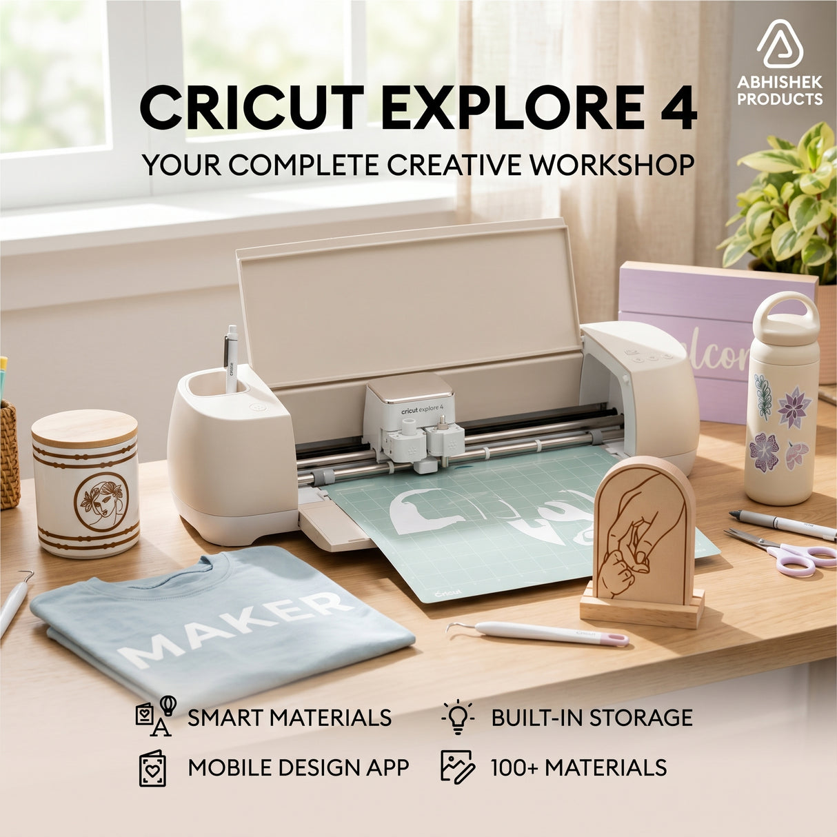 Cream Cricut Explore 4 Smart Cutting Machine cutting white vinyl on a green mat for custom DIY crafting projects.