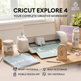 Cream Cricut Explore 4 Smart Cutting Machine cutting white vinyl on a green mat for custom DIY crafting projects.
