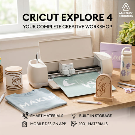 Cream Cricut Explore 4 Smart Cutting Machine cutting white vinyl on a green mat for custom DIY crafting projects.