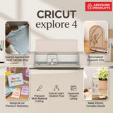 Cream Cricut Explore 4 Smart Cutting Machine crafting custom vinyl decals, paper cards, and heat transfer apparel.