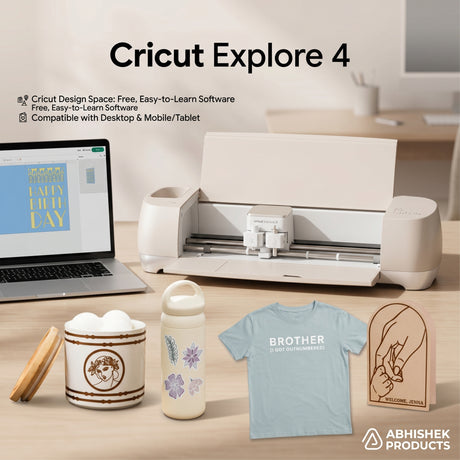 Cream Cricut Explore 4 Smart Cutting Machine with custom vinyl stickers, HTV t-shirt, and wooden signs.