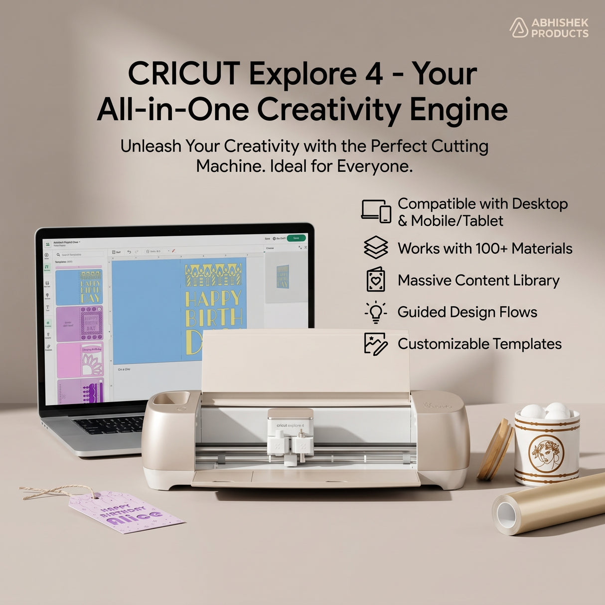 Cream and gold Cricut Explore 4 Smart Cutting Machine with gold vinyl and laptop designing a custom birthday gift tag.