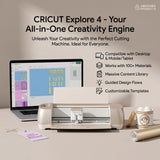 Cream and gold Cricut Explore 4 Smart Cutting Machine with gold vinyl and laptop designing a custom birthday gift tag.