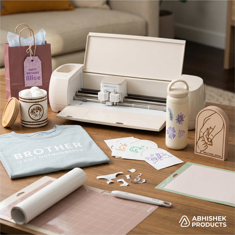 Cream Cricut Explore 4 Smart Cutting Machine with vinyl, used for DIY crafting custom shirts, stickers, and gifts.
