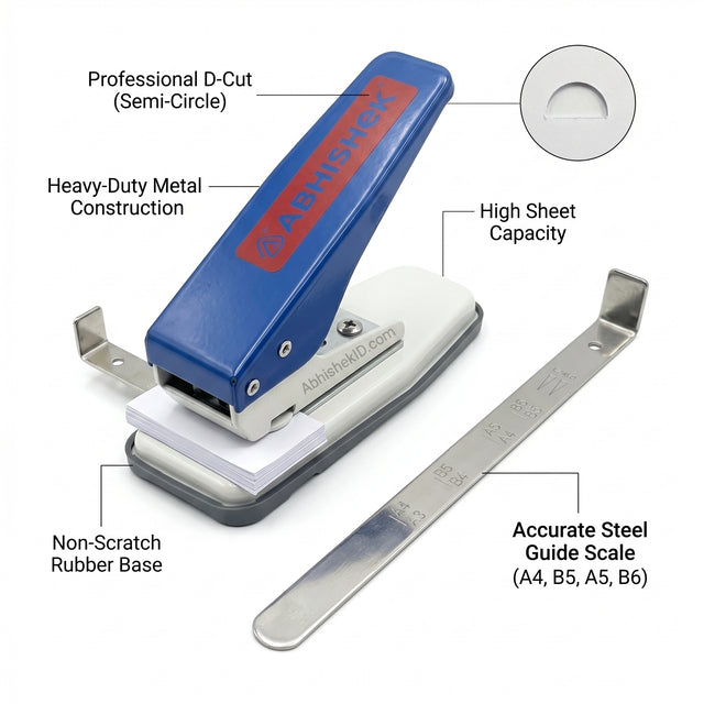 Rubber base pad on calendar D cut punch protects work table from scratches