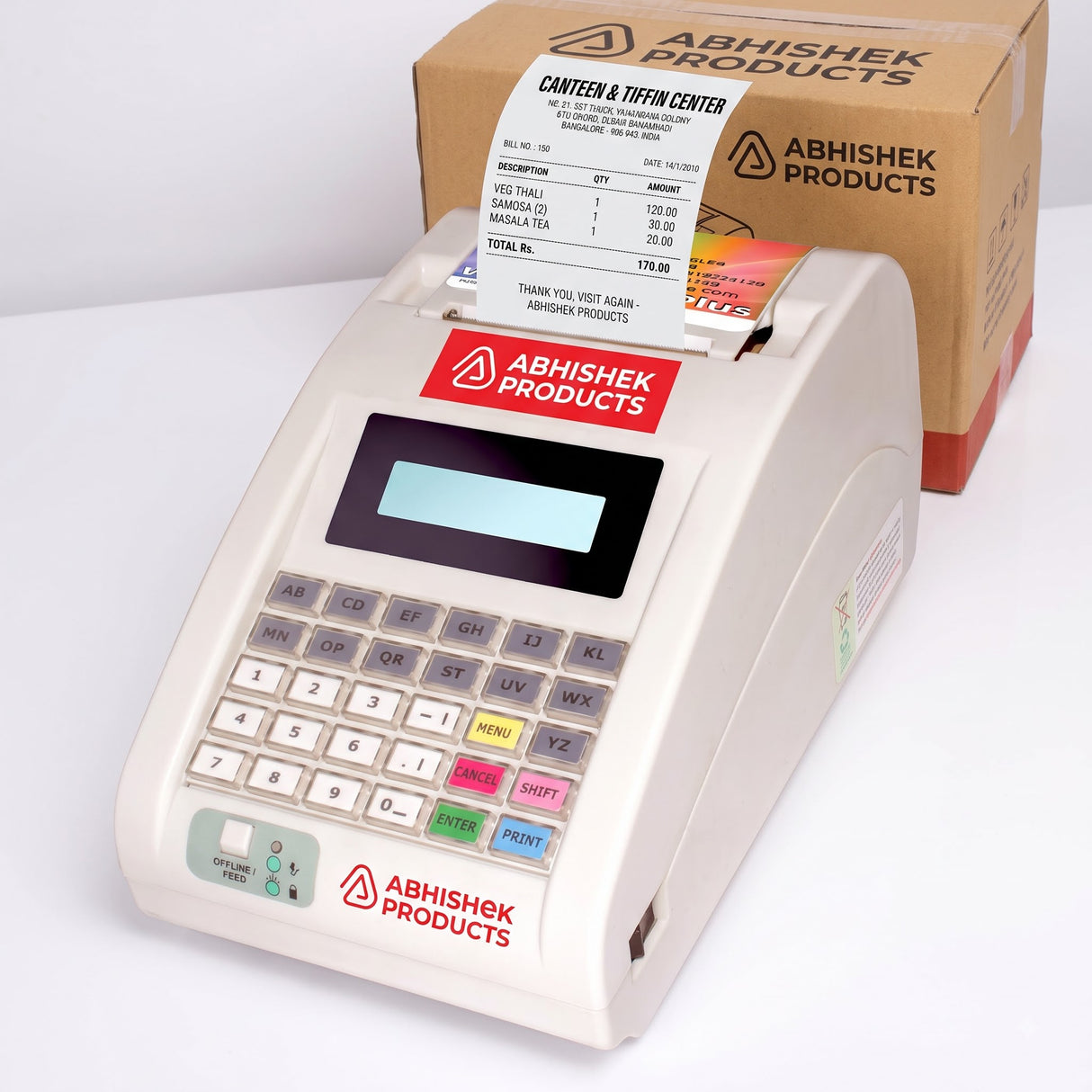 WeP BP-Joy Plus Billing Machine, white plastic 2-inch thermal cash register printer, printing a receipt.