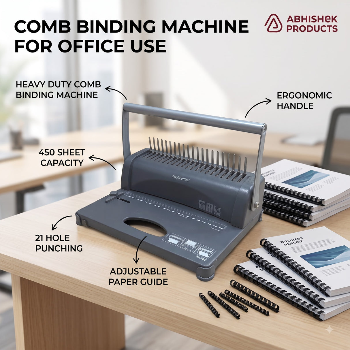 Comb Binding Machine for Office, A4 21-Slot, gray metal, binding reports.