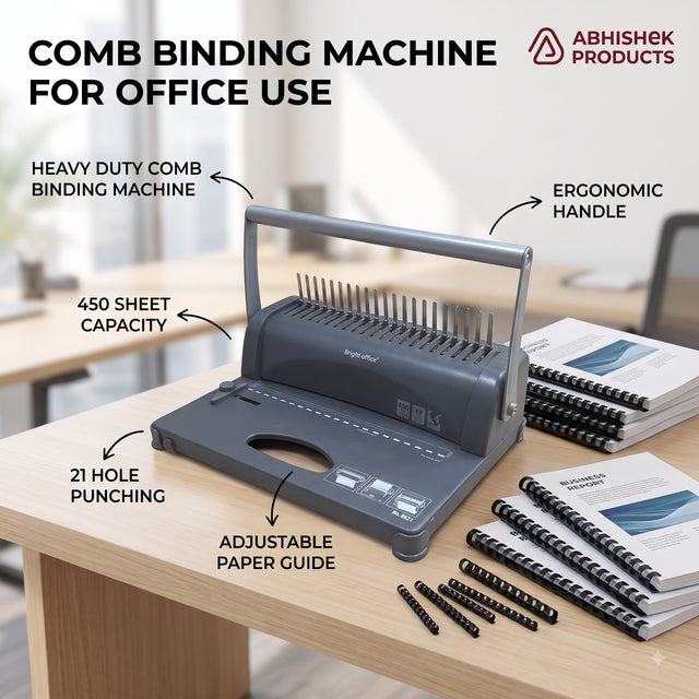 Comb Binding Machine for Office, A4 21-Slot, gray metal, binding reports.