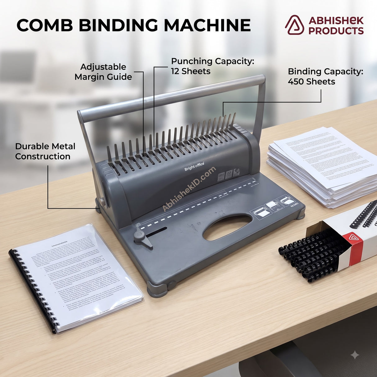 Comb Binding Machine for Office – A4 21-Slot Metal, gray, for binding documents.