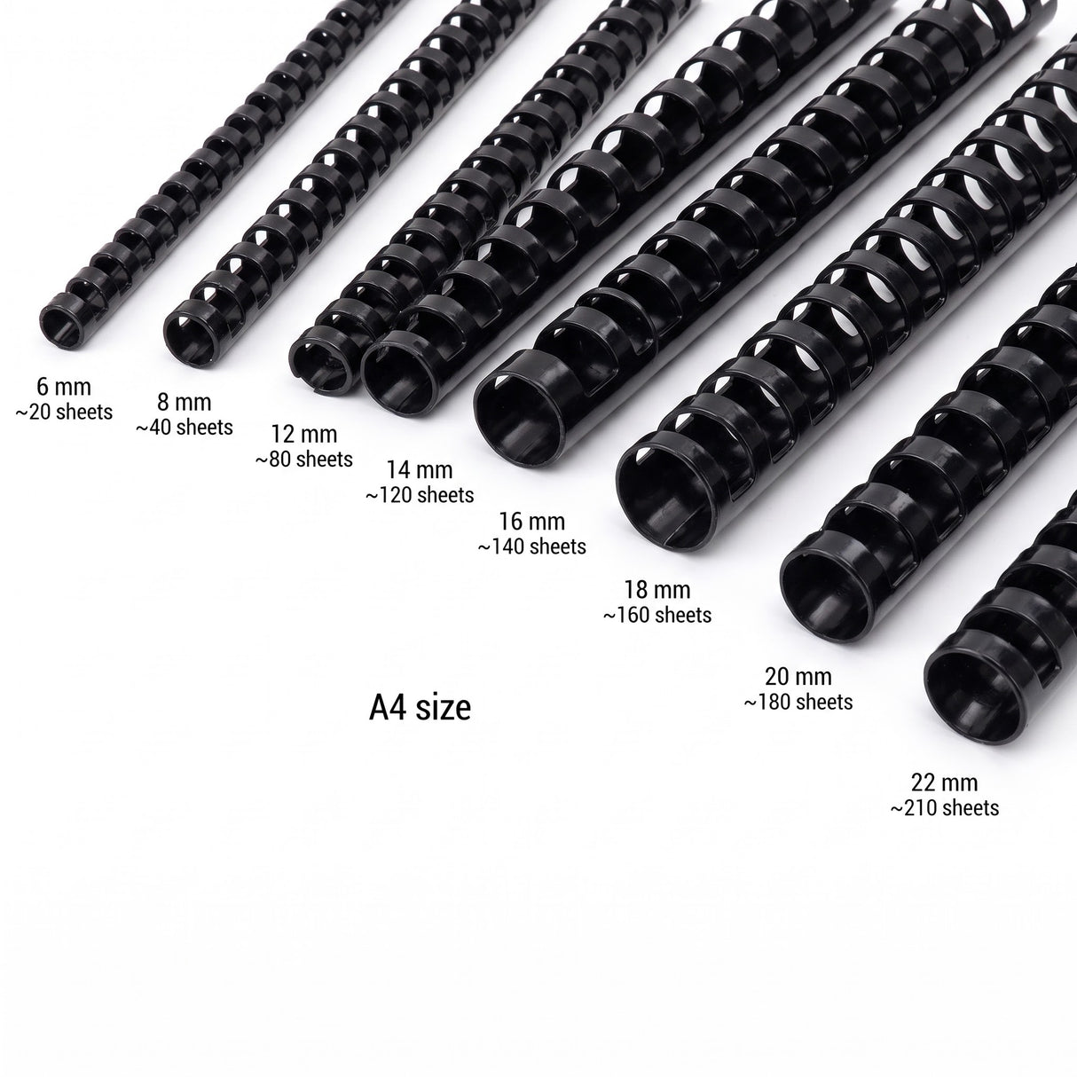 Plastic Comb Binding Rings (Spico) A4, black, various sizes for binding up to 210 sheets.