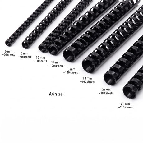 Plastic Comb Binding Rings (Spico) A4, black, various sizes for binding up to 210 sheets.
