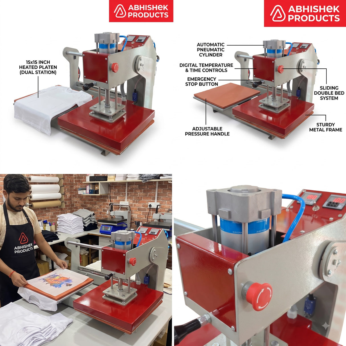 15x15 Automatic Double Bed Sublimation Heat Press, red and gray metal, pressing a design onto a white t-shirt.