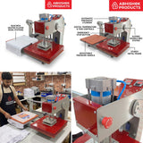 15x15 Automatic Double Bed Sublimation Heat Press, red and gray metal, pressing a design onto a white t-shirt.