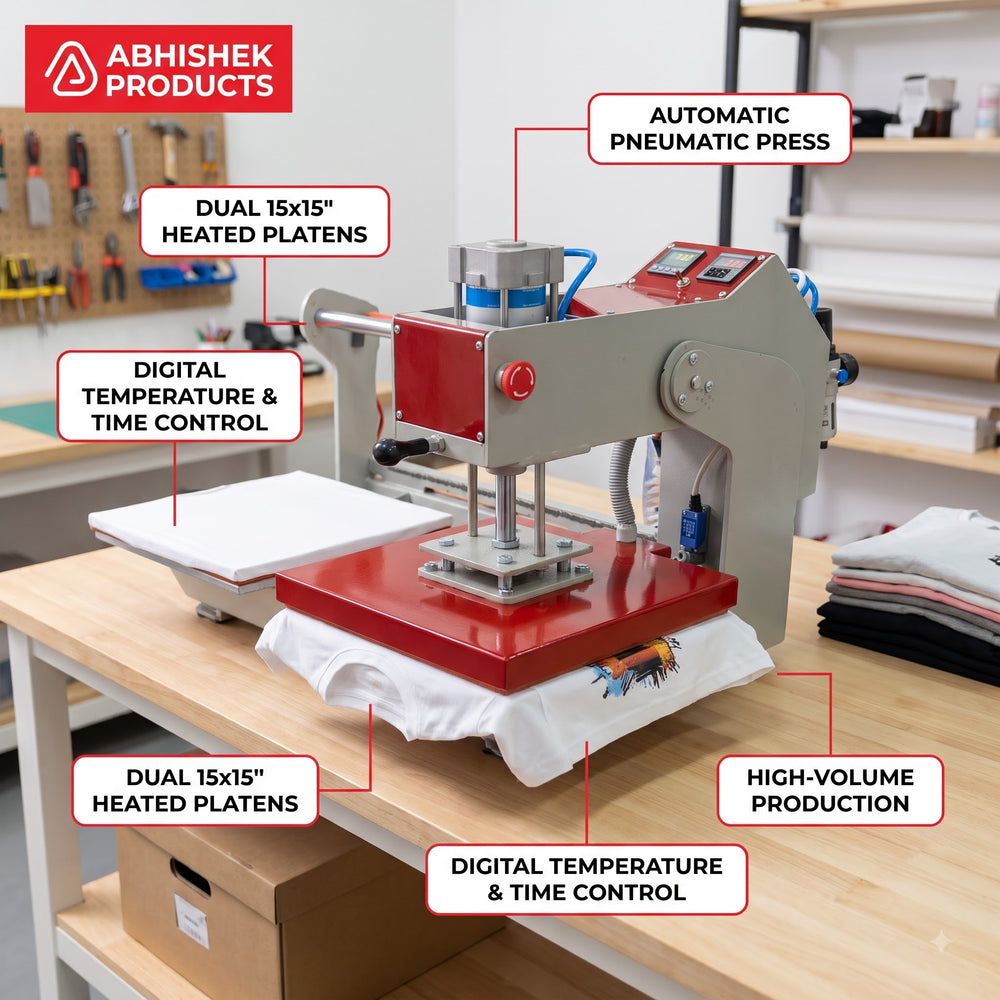 15x15 Automatic Double Bed Sublimation Heat Press, dual station garment press, red and gray metal, printing on t-shirt