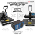 Black and blue temperature controller with digital meter for 15x15 and 16x24 heat presses, shown with connections.