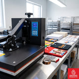 Black metal temperature controller with digital meter for 15x15 & 16x24 heat press, used for printing on shirts.