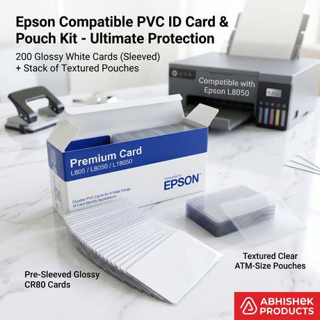 CR80 glossy white Epson PVC cards paired with texture ATM card cover pouches in one combo kit Abhishek Products