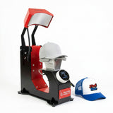 F136 Fully Automatic Cap Heat Press Machine, red and black metal, pressing a grey cap, for custom hat designs